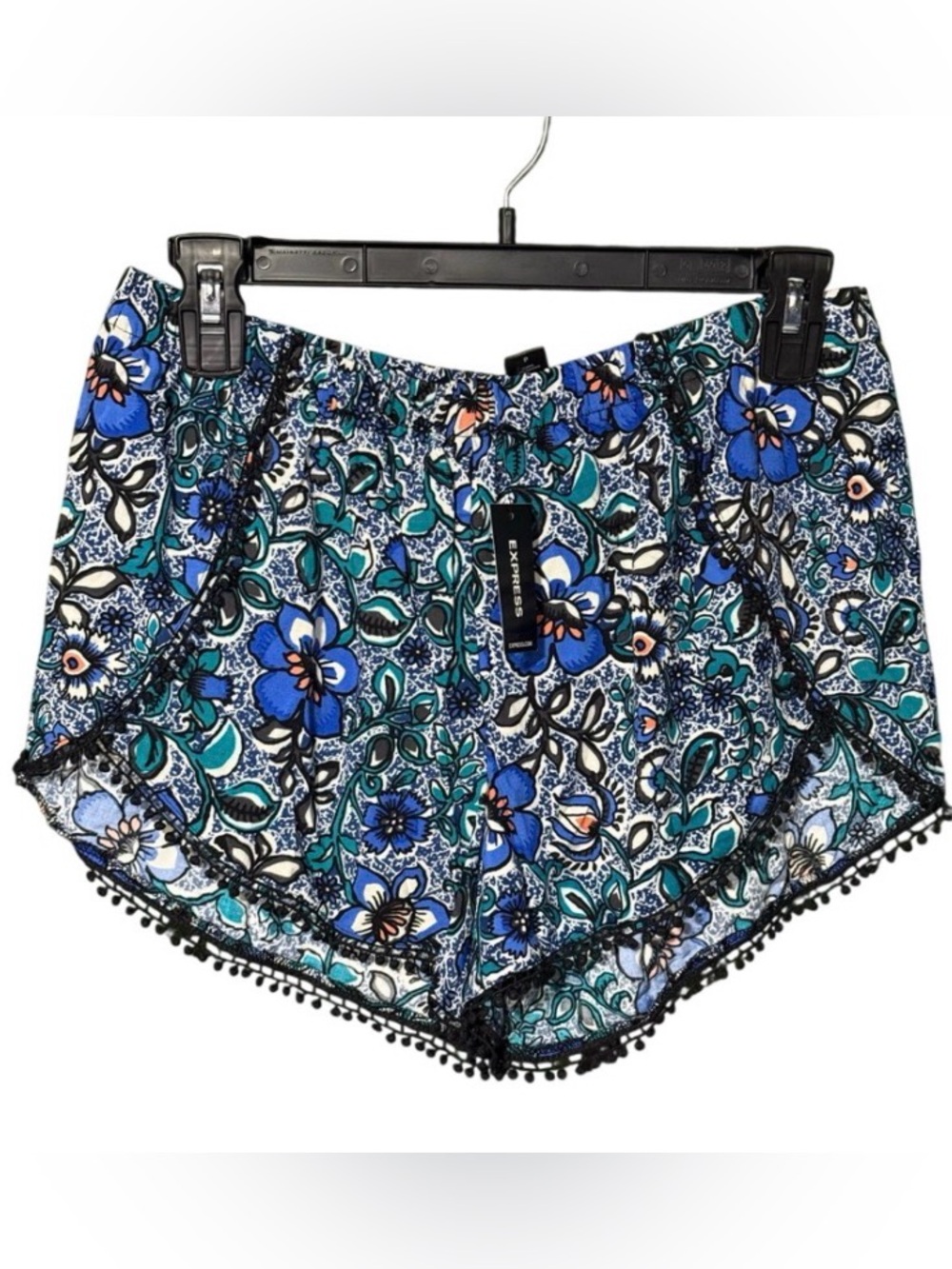 Express Women's Blue & Teal Floral Shorts with Black Frilly Trim size small
